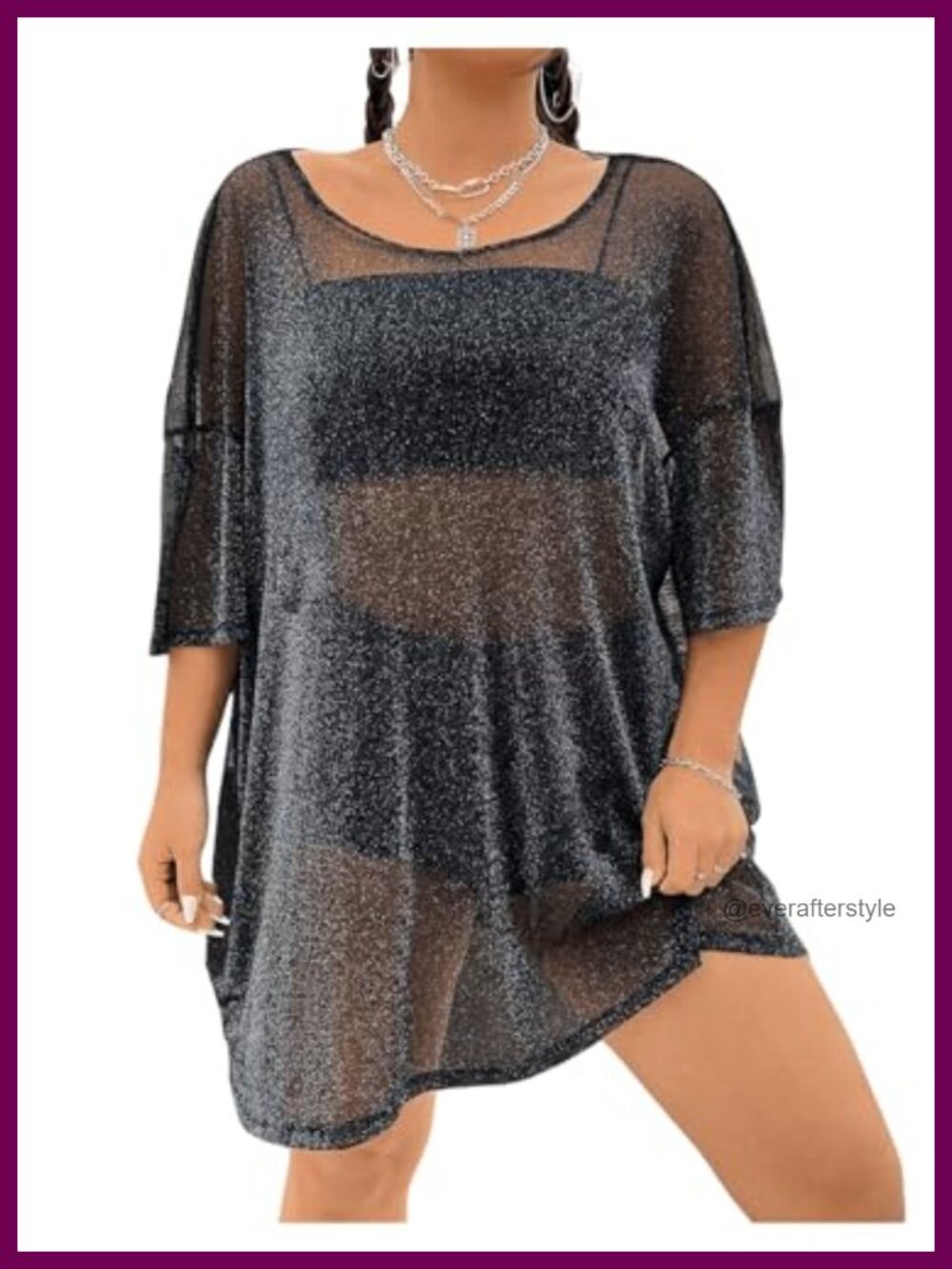 Plus Size Sparkle Mesh Sheer Tee Top Half Sleeve Party Club Shirt